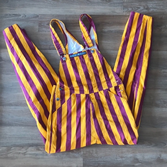 purple and yellow striped overalls